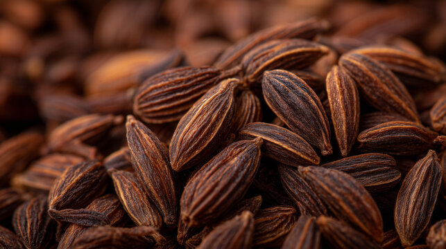Caraway seeds in extreme close-up, ridges and grooves sharply defined, earthy color palette, natural light emphasizing texture for herbal and culinary imagery