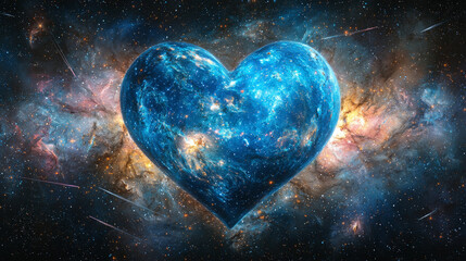 Blue cosmic heart floating in vibrant nebula, romantic and surreal celestial scene