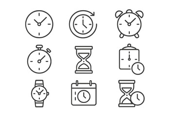 Time and clock icons set with watch, hourglass, stopwatch, calendar, and alarm symbol. Editable stroke vector line art for web, apps, books, and cards, perfect for digital and print designs.