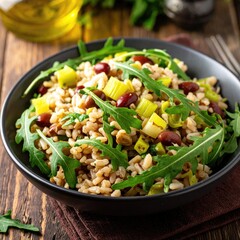 A bowl of brown rice, beans, and celery, topped with arugula