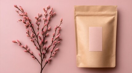 Beige pouch with a blank label next to a branch with pink buds on a light pink background