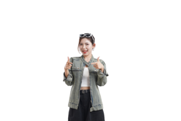 Expressive Young Woman: A youthful, fashionable individual stands confidently, radiating positive energy and engagement, with sun glasses on her head and a big smile.