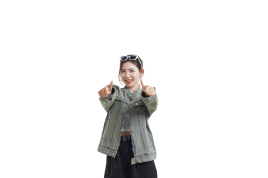 Thumbs Up of Enthusiasm: A vibrant individual projects an air of optimism and approval with a cheerful thumbs up gesture, epitomizing positivity and encouragement. - Powered by Adobe