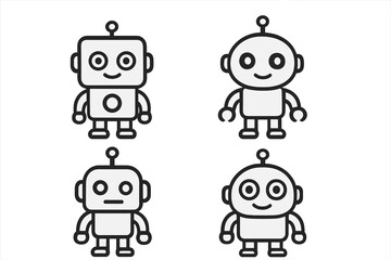 Set of simple line robot characters for logo or mascot design. Cute cartoon vector illustration collection of friendly bots and androids. AI technology and future concept icons.