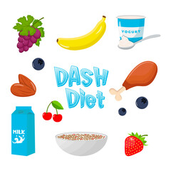 Beautiful vector illustration of DASH foods including fruits, vegetables, and proteins. Vector