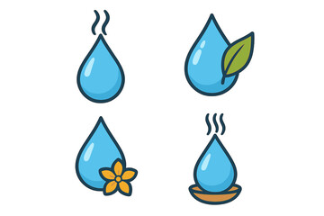 Set of water drop logo icons for aromatherapy and essential oils. Vector illustrations for spa, beauty, wellness, and natural products. Includes leaf, flower, and diffuser symbols.