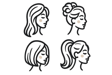Woman face profile line art collection. Set of female portraits with different hairstyles. Minimalist vector icons for beauty salon, spa, or hairdresser logo design.