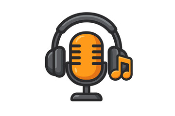 Podcast microphone icon with headphones and music note. Vector logo for broadcasting, radio station, or streaming show. Audio equipment for sound recording studio and karaoke.