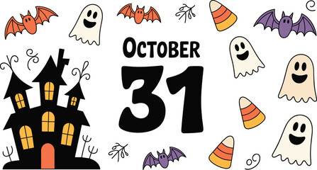 October, 31, Halloween, Date, Haunted, House, Ghost, Bat, Candy, Corn, Festive, Spooky, Fun, Cartoon, Celebration, Autumn, Seasonal, Illustration, Party, Decor