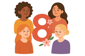 International Women's Day 8 March vector concept. Diverse group of multicultural women celebrating. Female friendship, sisterhood, empowerment, and unity. Feminism cartoon.