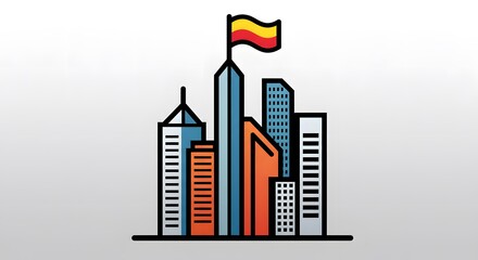 Abstract icon of skyscraper group with flag on top