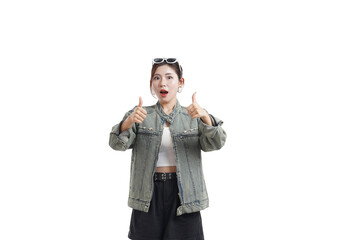 Thumbs Up and Confidence: An asian female confidently gives a double thumbs-up, expressing affirmation. A portrait of approval and optimism.