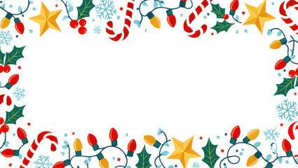 Festive Christmas border with twinkling lights, candy canes, holly, stars, and snowflakes