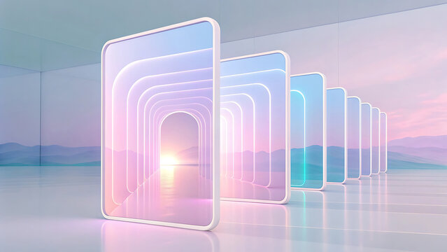 Abstract digital art of glowing translucent screens forming a futuristic tunnel with soft pastel colors