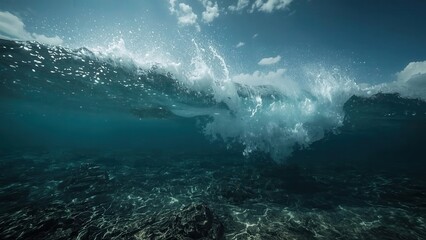 Fototapeta premium A powerful ocean wave, seen from below, crashes over a dark seabed, showcasing the dynamic interplay of light and shadow.