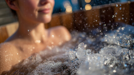Close-up of person in wooden cold plunge tub, ice cubes floating around, water droplets glistening on skin, tranquil wellness environment