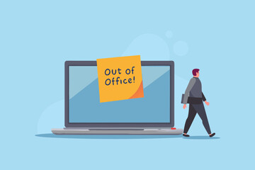 Man walking away from laptop with an out of office sticky note on screen representing vacation or absence