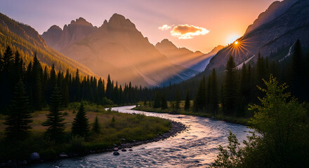 Golden sunbeams pierce through misty mountains illuminating a winding river through a dense pine forest.