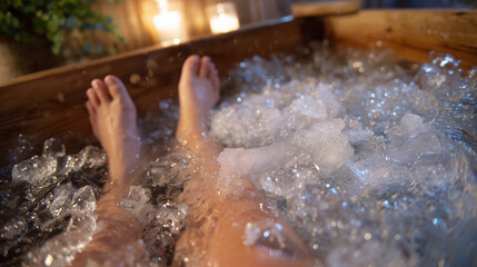 Fototapeta premium Close-up of legs submerged in icy water inside wooden tub, ice cubes and water ripples detailed, spa environment softly visible