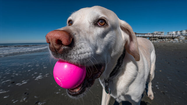 Labrador retriever dog holding pink ball playing on a sunny beach, enjoying summer vacation - Powered by Adobe