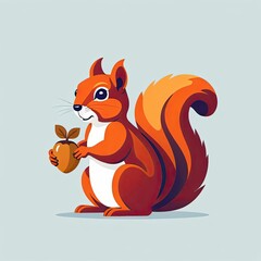 Obraz premium Colorful cartoon squirrel holding an acorn while standing on a plain background