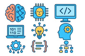 Artificial intelligence icon set. Machine learning, programming, data science concepts. Digital technology symbols like brain, chip, code, algorithm, network, and idea. Vector.