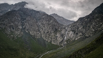 Fototapeta premium The panorama of Shaar Waterfall in Kyrgyzstan