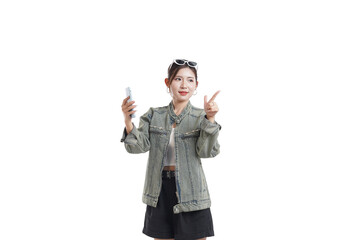 Digital Explorer: A young woman explores a digital world, smartphone in hand, pointing towards an unseen prospect. A portrait of contemporary life.