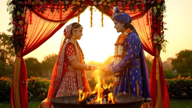 Indian Wedding Ceremony Sunset Couple.