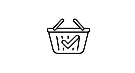 Minimal outline icon of shopping basket with check overlay