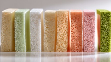 Close up of colorful rectangular sponges arranged in a row with varying shades and textures visible
