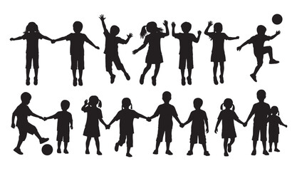 Joyful silhouette collection diverse children playing together happy childhood moments captured energetic fun