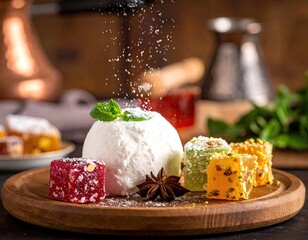 Sweet treats, powdered sugar, and mint.  A round wooden plate displays a white ball of dessert, dusted with powdered sugar, alongside colorful Turkish delight and mint leaves