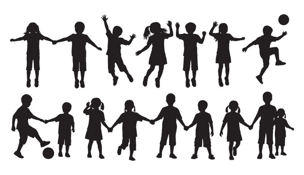 Joyful silhouette collection diverse children playing together happy childhood moments captured energetic fun