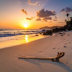 Golden sunset over a tranquil beach.  Driftwood rests on the sand