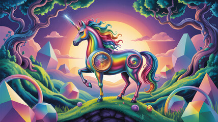 Rainbow unicorn with clocks standing on surreal landscape