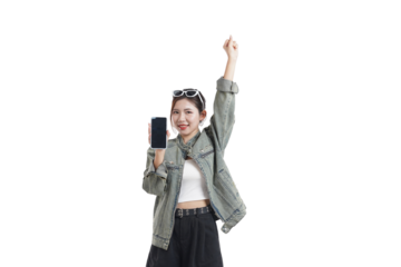 Enthusiastic Traveler: A young woman is on a journey with a passport in hand, she feels joyful and she celebrates her victory.  