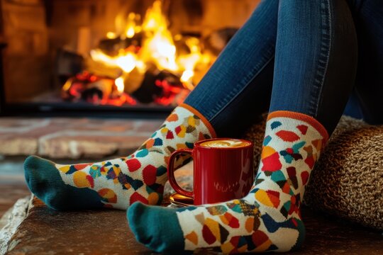 A person wearing cozy socks with colorful patterns is sitting by the fireplace