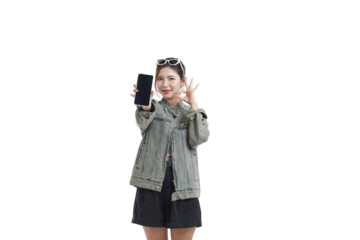 Young Woman Showcasing Phone: A stylish young woman, radiating confidence and charm, enthusiastically presents her phone screen, suggesting the myriad possibilities it holds. 