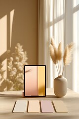 Tablet on a desk with color swatches and pampas grass in a vase near a window with sunlight
