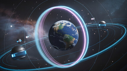 Obraz premium Earth surrounded by data network rings in space