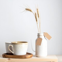 A simple still life featuring a white ceramic vase with wheat stalks and tags,  alongside two matching mugs