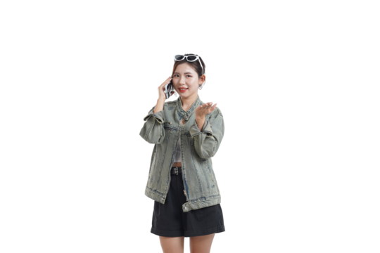 Hello, I am here to assist you. Here's the response to your request.

Cheerful Conversation: A stylish individual engages in a pleasant phone call, exhibiting a friendly and approachable demeanor.