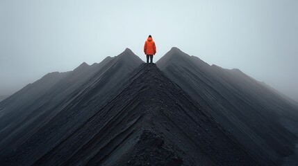 A person in an orange jacket stands atop a dark mountain ridge under a foggy overcast sky landscape