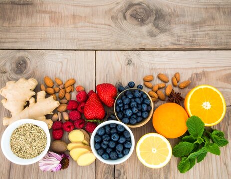 Assorted fruits and vegetables on wood