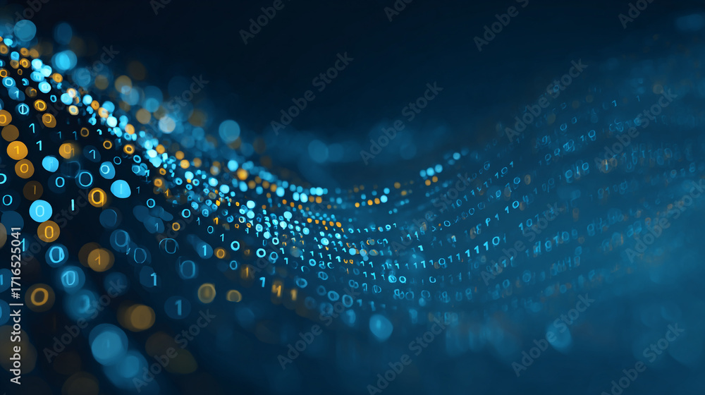 Poster abstract digital data stream glowing blue and gold binary code flowing wave