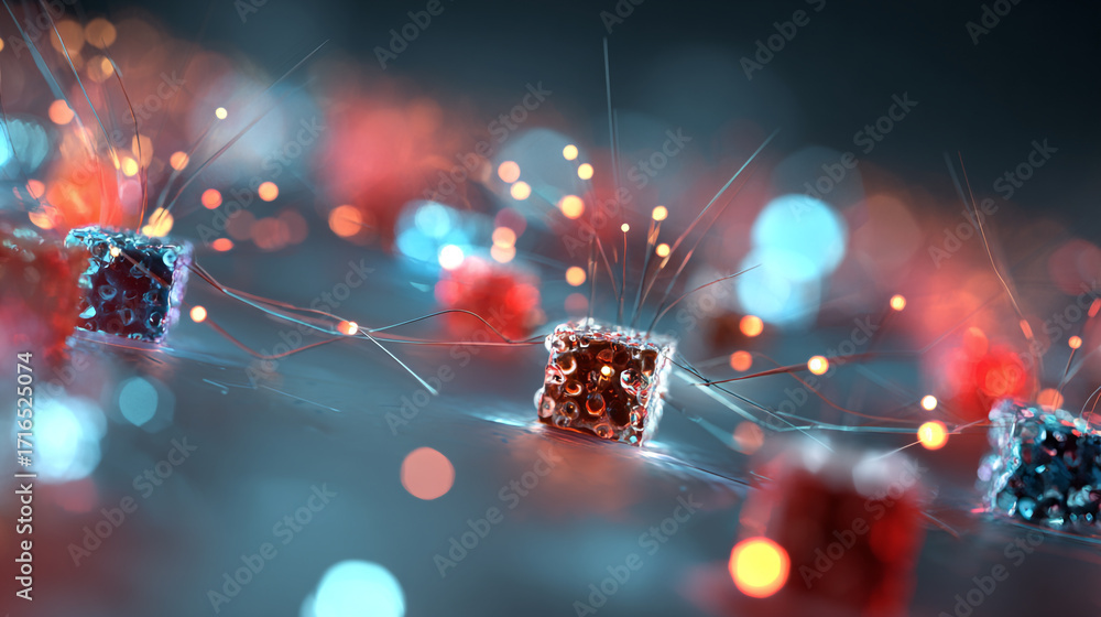Poster illuminated cubes connected by glowing threads a network of light and energy