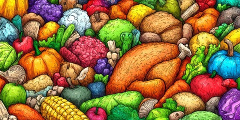 Vibrant illustration showcases a colorful array of Thanksgiving foods, including a roasted turkey, pumpkins, vegetables, and fruits, in a detailed hand-drawn style.