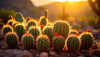 Golden sunset illuminates a cluster of desert cacti