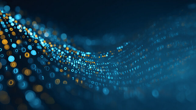 Abstract digital data stream glowing blue and gold binary code flowing wave